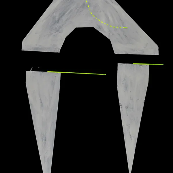 × Caroline Kent, Indiscernible Objects Pt. 4, 2017 Sort of like a magnet cut into pieces. There's a sort of rhombus at the top with an arch cut into its base and a green dotted curved line. Below each side of the arch are upside-down mostly triangular shapes, each a different distance from the arch, and each with a green solid line to the right of its base. Acrylic on paper, 30 x 22”.