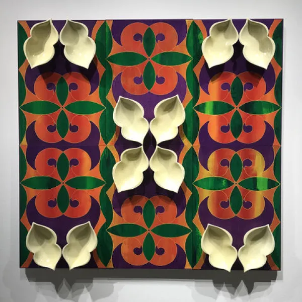 Butterfly Wings of Innocence, four-color screenprint on wood panel, porcelain, 40 x 42 x 5", 2019