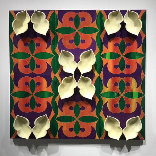 Kimberlee Joy Roth Butterfly Wings of Innocence, four-color screenprint on wood panel, porcelain, 40 x 42 x 5", 2019