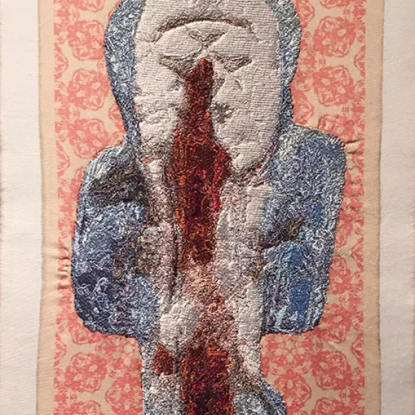 Menstruate/Divinate: Happiness, 2014, embroidery on digitally printed silk, 14 x 12"