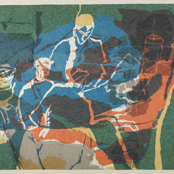 Men Playing Game Jean Roach, serigraph, circa 1956, St. Catherine University Permanent Collection (Accession No. 2013.0.867)