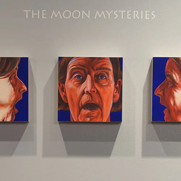 The Moon Mysteries from left to right: First Full, Waning Gibbous, Waning Crescent, New, Waxing Crescent, Waxing Gibbous, Full Again, 2015, oil on board, each 8” x 8”