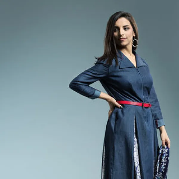 Corporate Denim 2016, organic denim and silk; model: Apoorva Pasricha; jewelry: Khazana, Minneapolis; photographer: BobbiLe N'diaye Photography