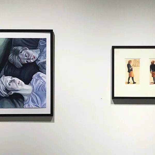 Garski, Morari, Sennelier ink, watercolor, gouache on paper, 25 x 24", 2016; Olson, Looking at Art: Jane Gilmore (2 Views) At Women's Art Institute, 2013, oil on board, 16 x 20" framed, 2014