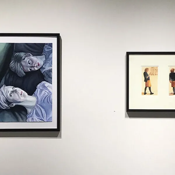 A. K. Garski (left), Pat Olson (right) Garski, Morari, Sennelier ink, watercolor, gouache on paper, 25 x 24", 2016; Olson, Looking at Art: Jane Gilmore (2 Views) At Women's Art Institute, 2013, oil on board, 16 x 20" framed, 2014