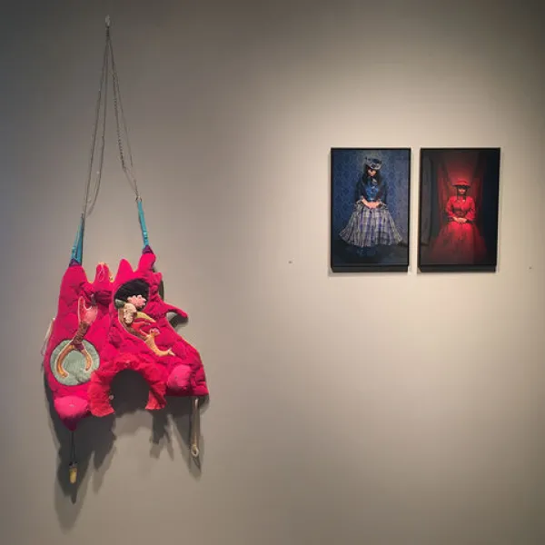 left: Jennifer Pettus, Ensemble 4, 2017, mixed media, 62 x 32 x 14"; right: Mari Hernandez, left: Snout, right: Maria Guadalupe, 2016, digital photographs, 18 x 12"