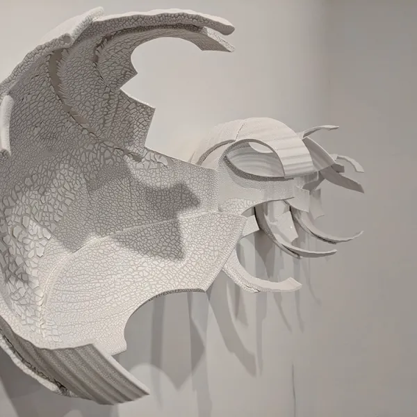 Abstract wall sculpture made of pieces of bowls.