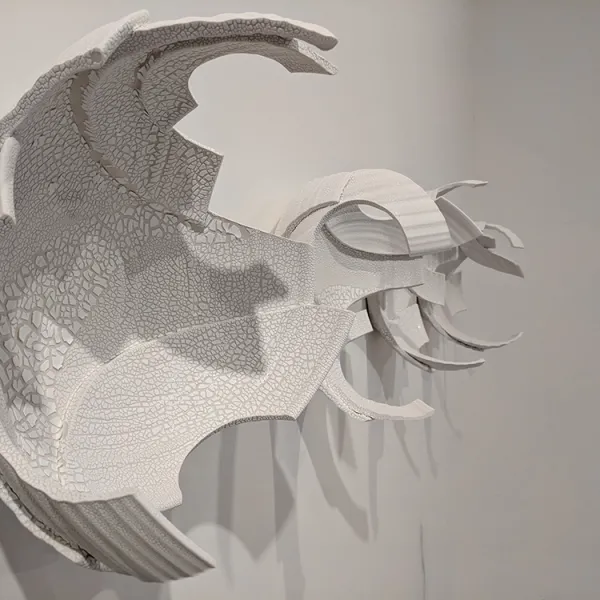Monica Rudquist, Conversation Bowls (side view) Abstract wall sculpture made of pieces of bowls.