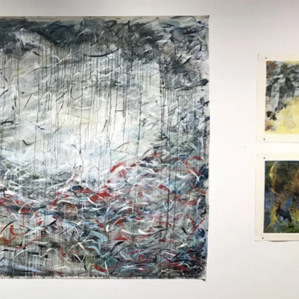 Nascence (left), oil on canvas, 65 x 108", 2019; Inside This River, diptych (right), oil and cold wax on paper, 22 x 27.5" each, 2019Snapshots of Mothering From Both Sides, gouache, 19 x 16" each, 2019