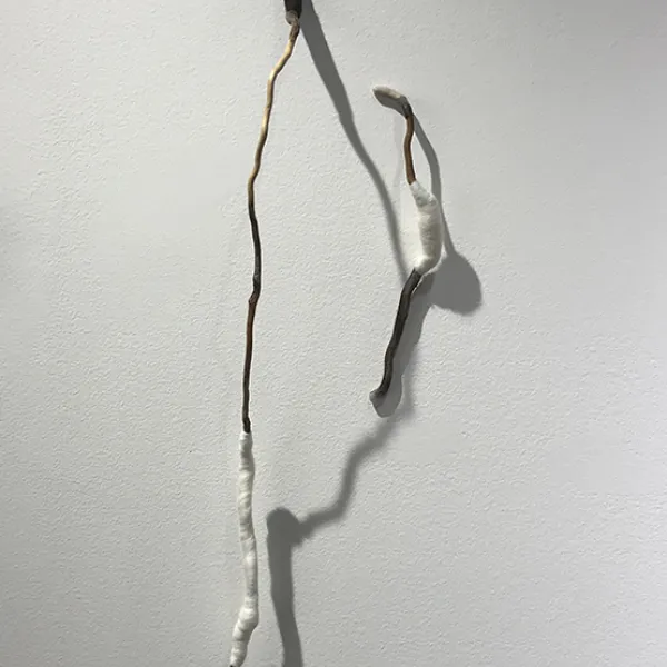 Untitled, found Columbia River driftwood, wool, beeswax, 34 x 10 x 5”, 2014 - 2019