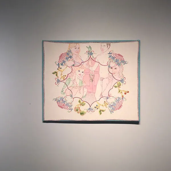 Installation View center: Orly Cogan, Behind the Red Door, 2017, hand stitched embroidery, 30 x 36"