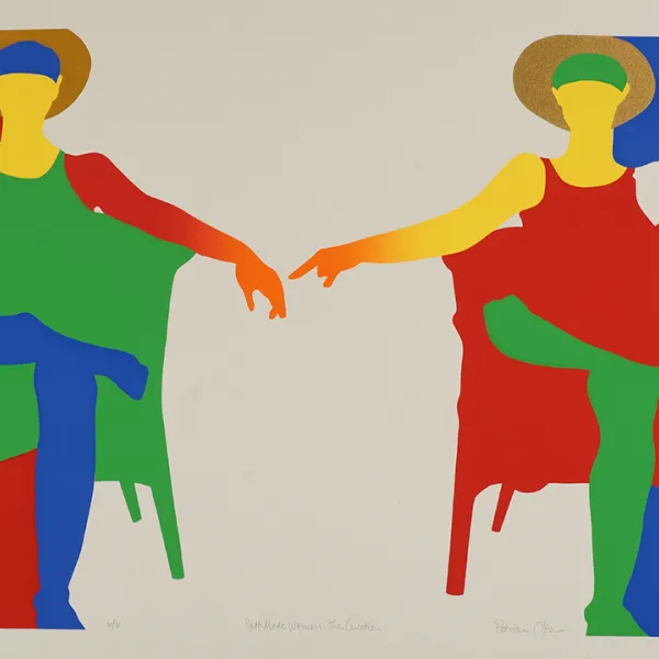 Self-Made Woman: The Creation,1977. Screenprint, 20 x 28". Two images of the same woman seated in the same chair in almost identical poses except that their hands are reaching out and almost touching (as in the Sistine Chapel). Each image uses different colors for contrast.