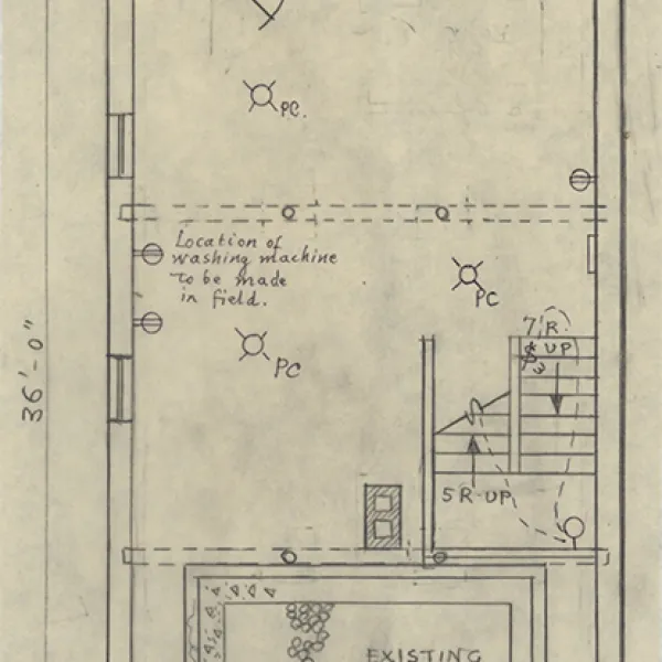 Solar House Basement Plan pencil and ink on paper, 1976, floor plans for the first solar-heated house built in Newport, Rhode Island