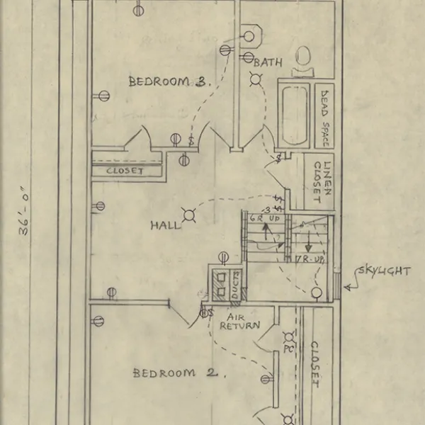 pencil and ink on paper, 1976, floor plans for the first solar-heated house built in Newport, Rhode Island