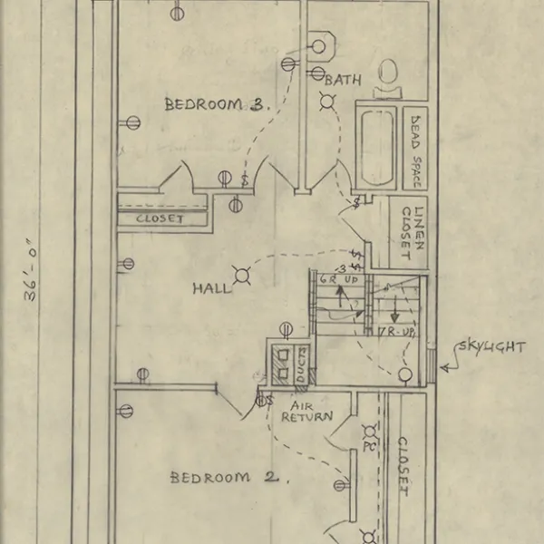 Solar House Second Floor Plan pencil and ink on paper, 1976, floor plans for the first solar-heated house built in Newport, Rhode Island