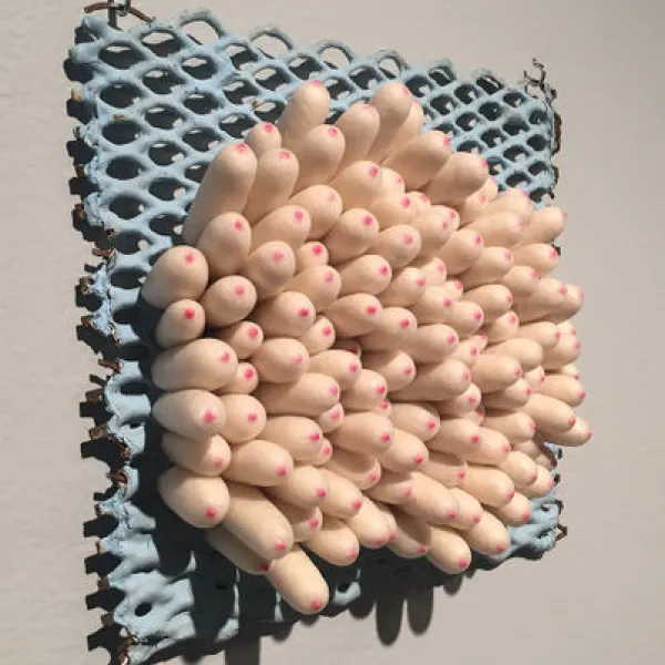 Suzanna Scott Festooned, 2016, paint grate, vinyl, wool, beads, 9 x 9.75 x 2"