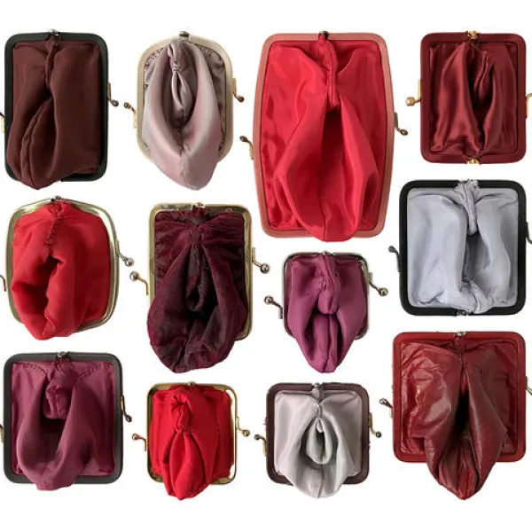 Coin Cunts (reds), 2017, purses, thread, set of 12, 13 x 16"