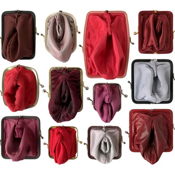 × Suzanna Scott Coin Cunts (reds), 2017, purses, thread, set of 12, 13 x 16"