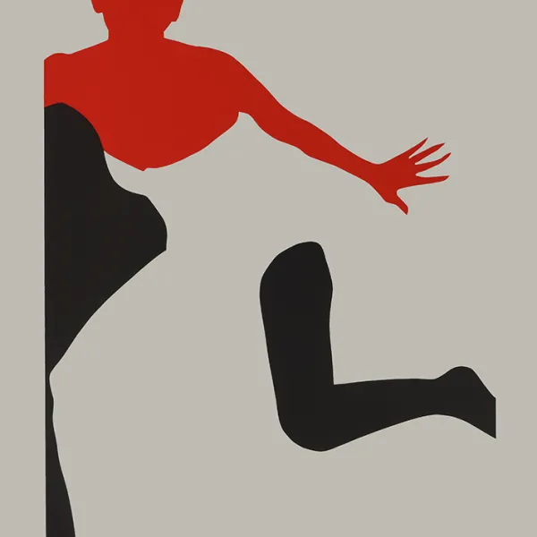 Silhouette of woman, arms outstretched, bent at hips with one leg kicking out. In red-orange, black, and gray.