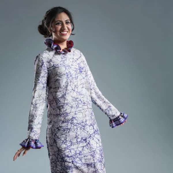 Trill Shakti & Shalabha 2016, repurposed indigo batik saree, organic linen and cotton blend fabric, repurposed batik fabric, hand embroidery; photographer: BobbiLe N'diaye Photography