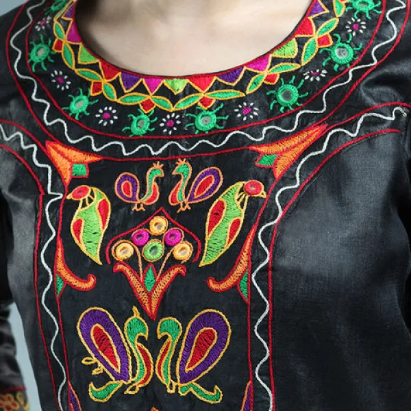 Ujjai (stitching detail on front) 2016, GOTS certified organic cotton oxford, ikat, sIlk, hand embroidery; photographer: BobbiLe N'diaye Photography