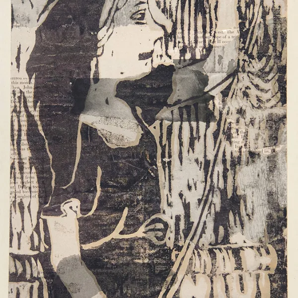 untitled (illegible) KMS Guire, circa 1956, print collage, St. Catherine University Permanent Collection (Accession No. 2013.0.438)