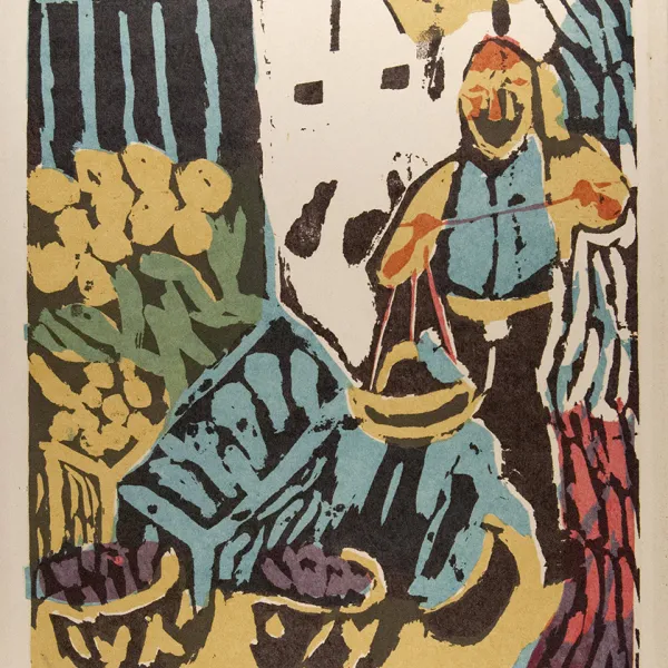 Vendor F.J. Wimarski, serigraph, 1956, St. Catherine University Permanent Collection (Accession No. 2013.0.1252)