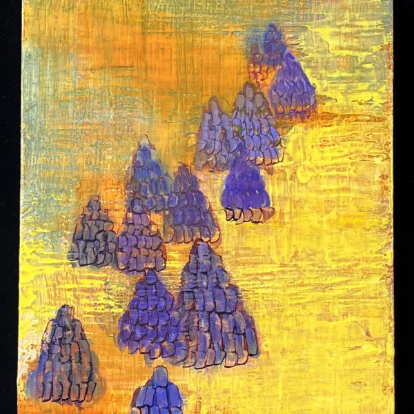 Mid-Spring, 1998, oil and wax on panel, 19" x 16" painting of small purple pine trees