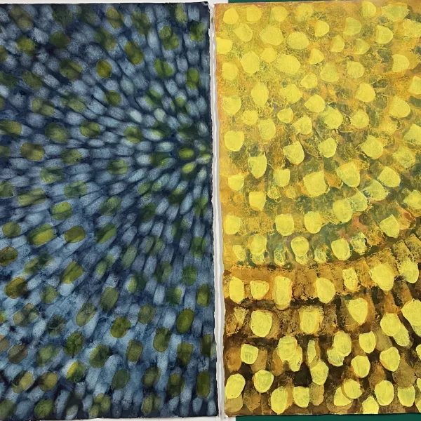 two abstract painting on the left a dark blue dots in a circular expanding movement and on the right yellow in a circular expanding movement