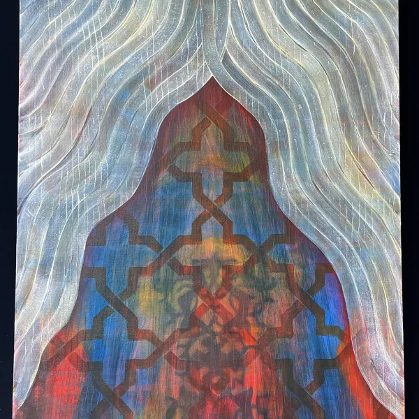 Parted Veil, 2015, oil on canvas, 40" x 33" painting of a white veil parted showing a wooden window