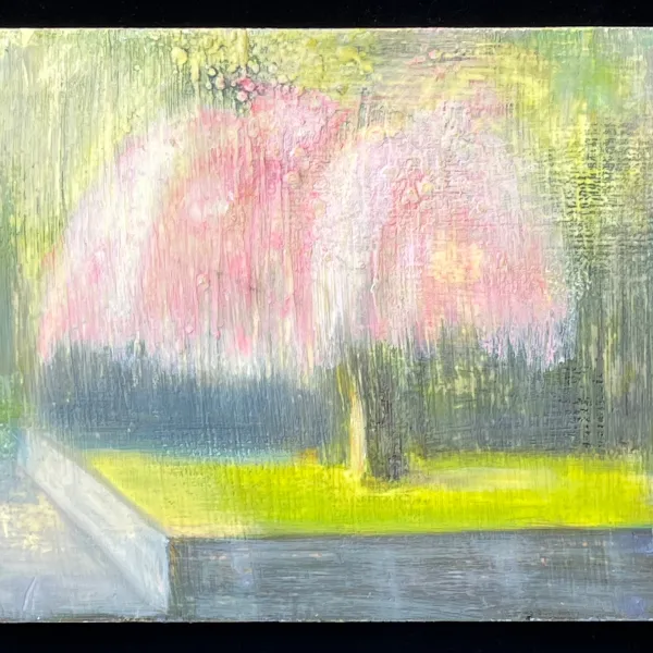 Plum Tree, 1998, oil on wax on panel, 16" x 19" painting of a pink and white tree