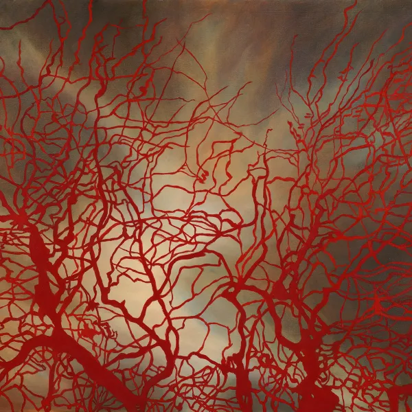 Summer Willow, 2019, oil on canvas, 32" x 40" painting of red branches and a white light coming from behind
