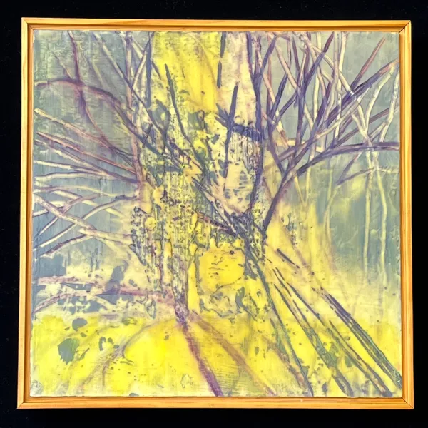 Twilight Branches, 2002, oil and wax on panel, 16" x 16" painting of branches with a yellow backgound