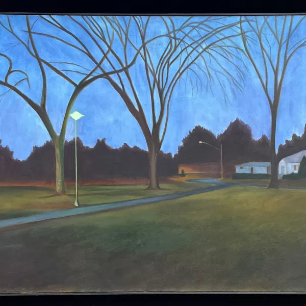 Twilight Park, 1998, oil on canvas, 36" x 48" painting of a park in a distance with a white house on the right
