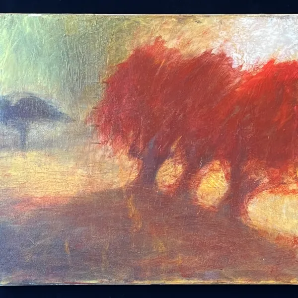 painting of red trees facing the sun