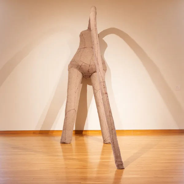 2023, wool felt, cotton thread, sewing hardware, paper, galvanized steel pipe, PVC pipe, concrete, wood, 131” x 54” x 169”