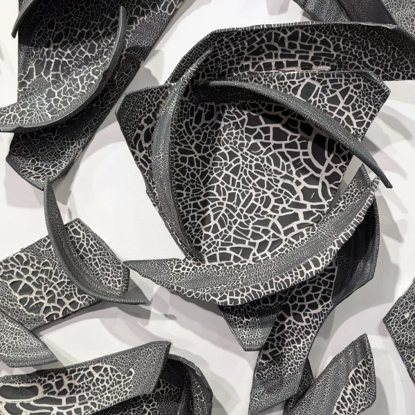 Monica Rudquist, Murmuration (detail) 2024, porcelain with black crackle glaze, 9' x 102'
