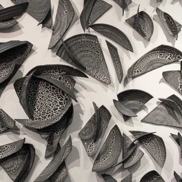 Monica Rudquist, Murmuration (detail) 2024, porcelain with black crackle glaze, 9' x 102'