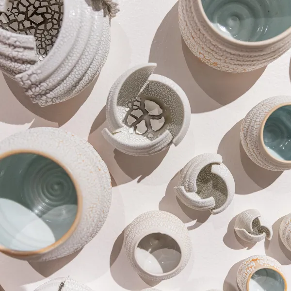 Monica Rudquist, Snowflake Burst (detail) 2024, porcelain with white crackle glaze, 28” x 28” x 4.25” (Photo by Studio Mendota)