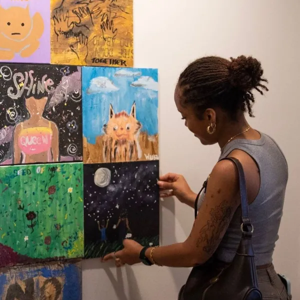 (5x7”) Justice for George: Space as Canvas 2023. Squirrel Haus Arts. May 27th, 2023. Event attendees add their finished plywood painting to the plywood quilt on day 1 of Justice for George: Space as Canvas. Acrylic Paint on plywood board. 12x12”