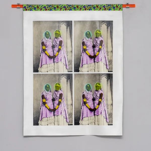 Anjali/Gitanjali; Pigment ink print on canvas, cotton thread, cotton fabric, acrylic rod