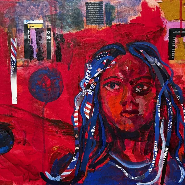 Red and Blue 2; Acrylic and cut election flyers on canvas