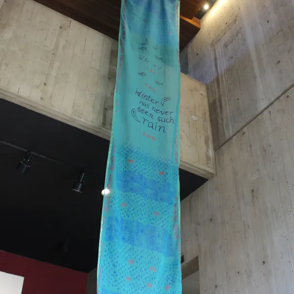 Rising, 2026; Woodblock printing, painting, and writing on Bangladeshi cotton saris; 48 x 216 inches, each