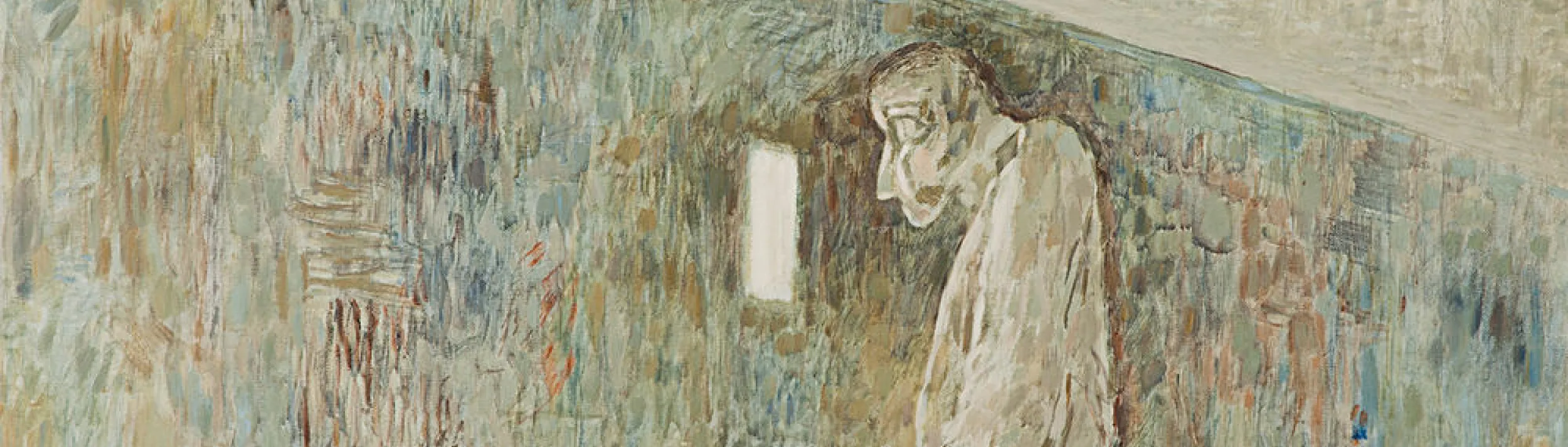 shades of brown painting of a man looking out from a very small window
