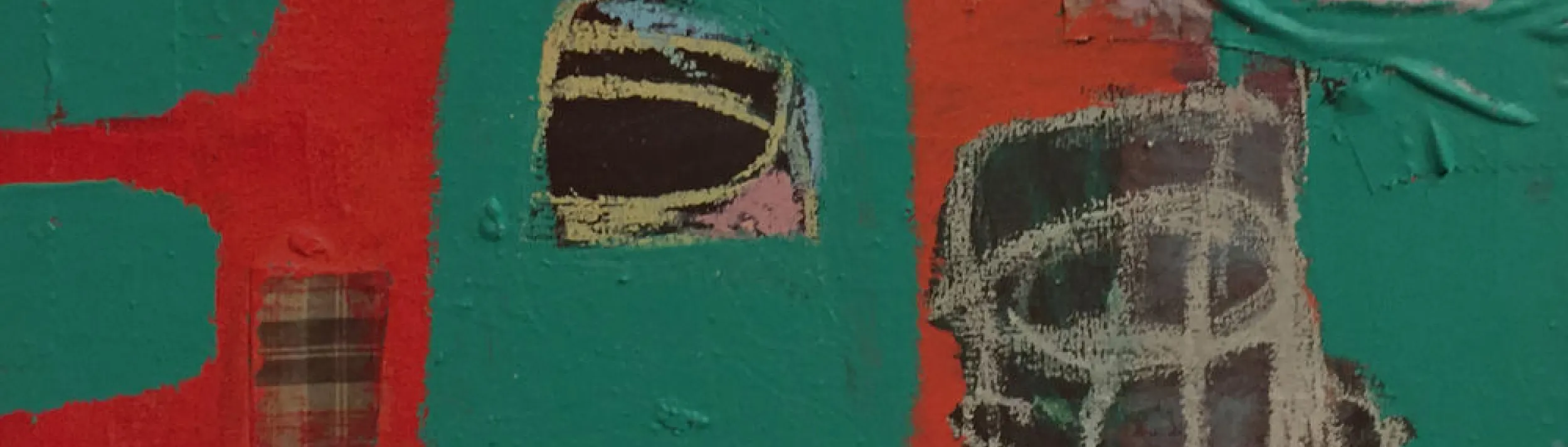 Detail of a mixed media painting with thich red and green brush strokes interrupted by plaid and chalk drawings