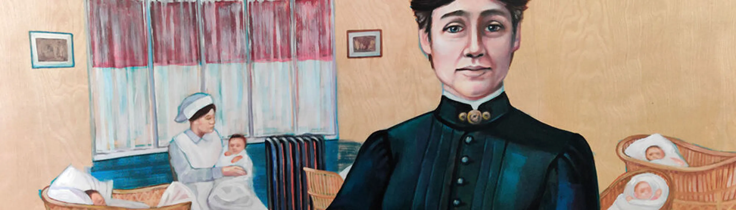 Dr. Martha Rogers Ripley (1843-1912), standing in a nursery holding a baby.