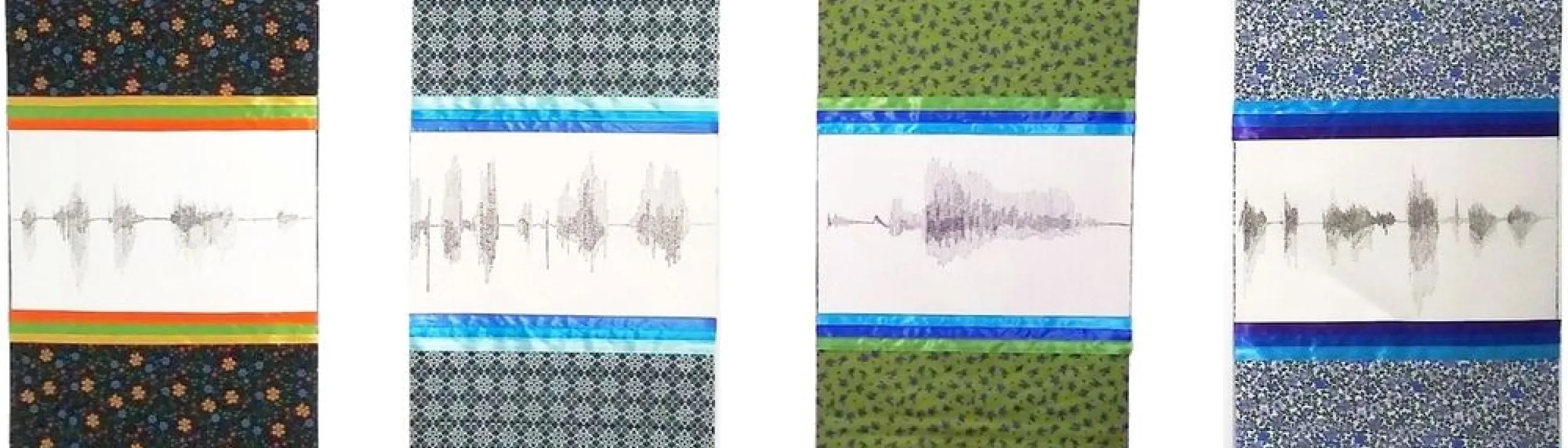 Four rectangles, each with silhouettes/shadows at the center, bordered at top and bottom by three ribbons, with a band of print (usually floral) above and below the ribbons