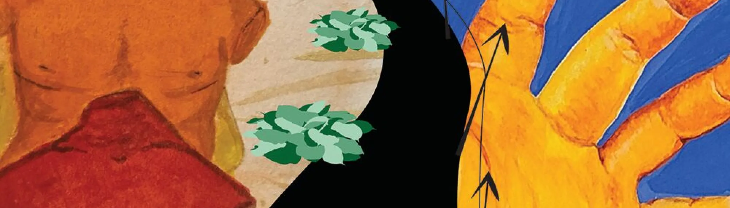 Painting of orange human torsos, green leaves, black arrows, yellow hand on blue background