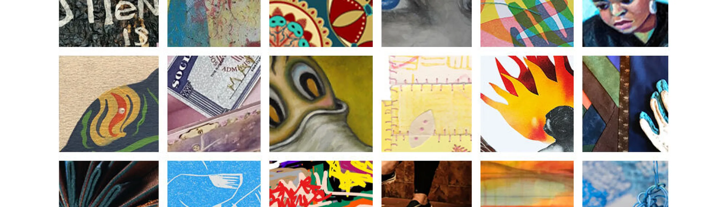 A 6x3 grid of thumbnails of works from the exhibit.