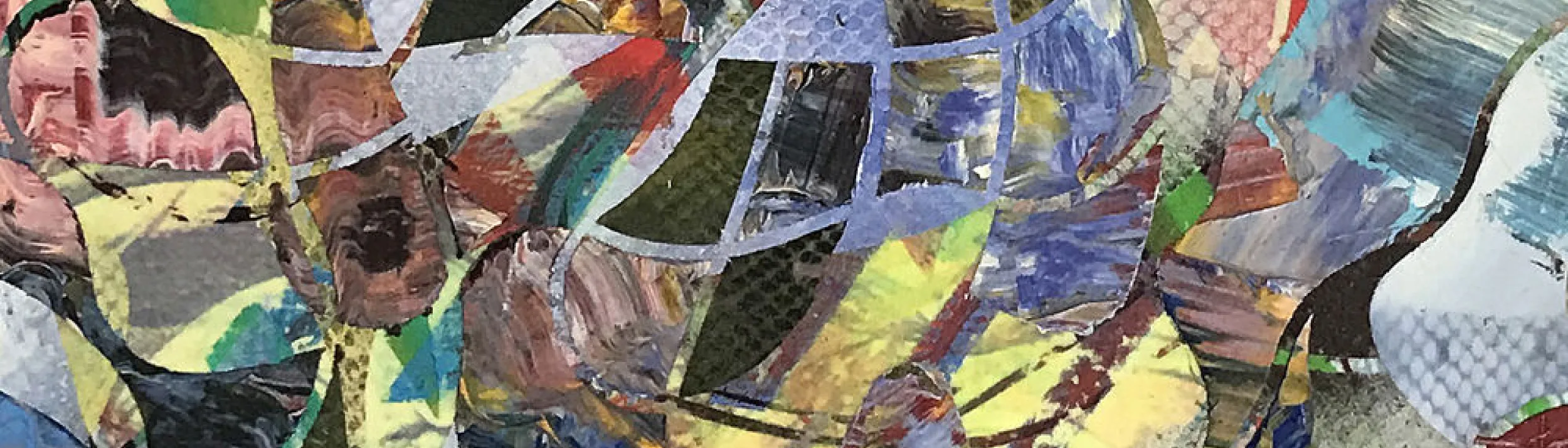 Oil paint and enamel on fabric, painted in a wild abstract of twisting and turning colors all over the place